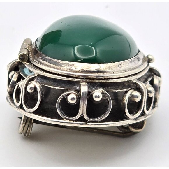 VTG Taxco Sterling Silver Locket Brooch Pin w/ Green Agate Oval Cabochon 1950s - Picture 3 of 13